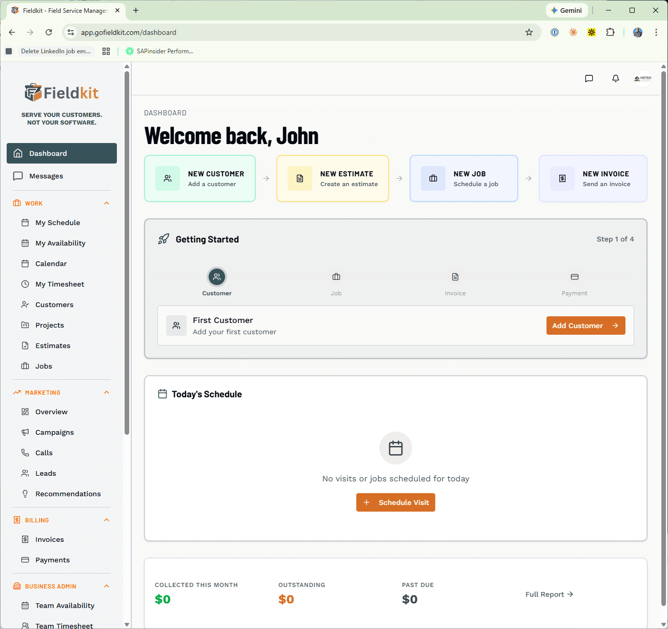 Fieldkit dashboard — scheduling, invoicing, and CRM in one place
